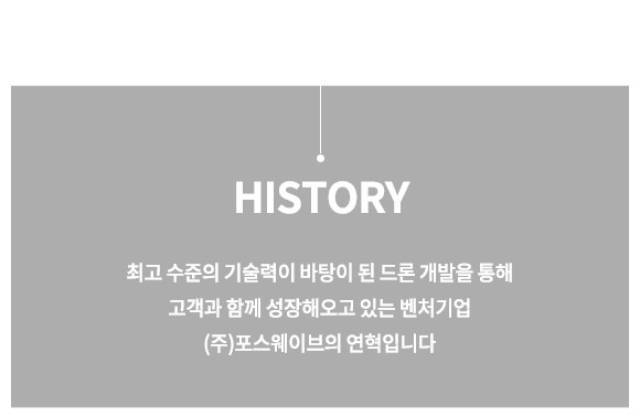 HISTORY. 최고 수준의 기술력이 바탕이 된 드론 개발을 통해 고객과 함께 성장해오고 있는 벤처기업 (주)포스웨이브의 연혁입니다.
